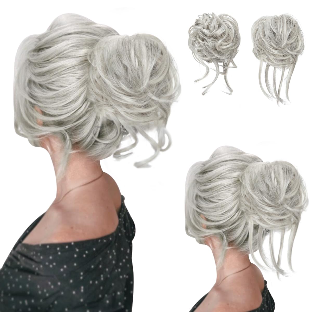 SARLA 2PCS Messy Bun Hair Pieces for Women Wavy Curly Synthetic Hairpieces for Updos with Tendrils Fake Scrunchies Ponytail Extension Grey Multi