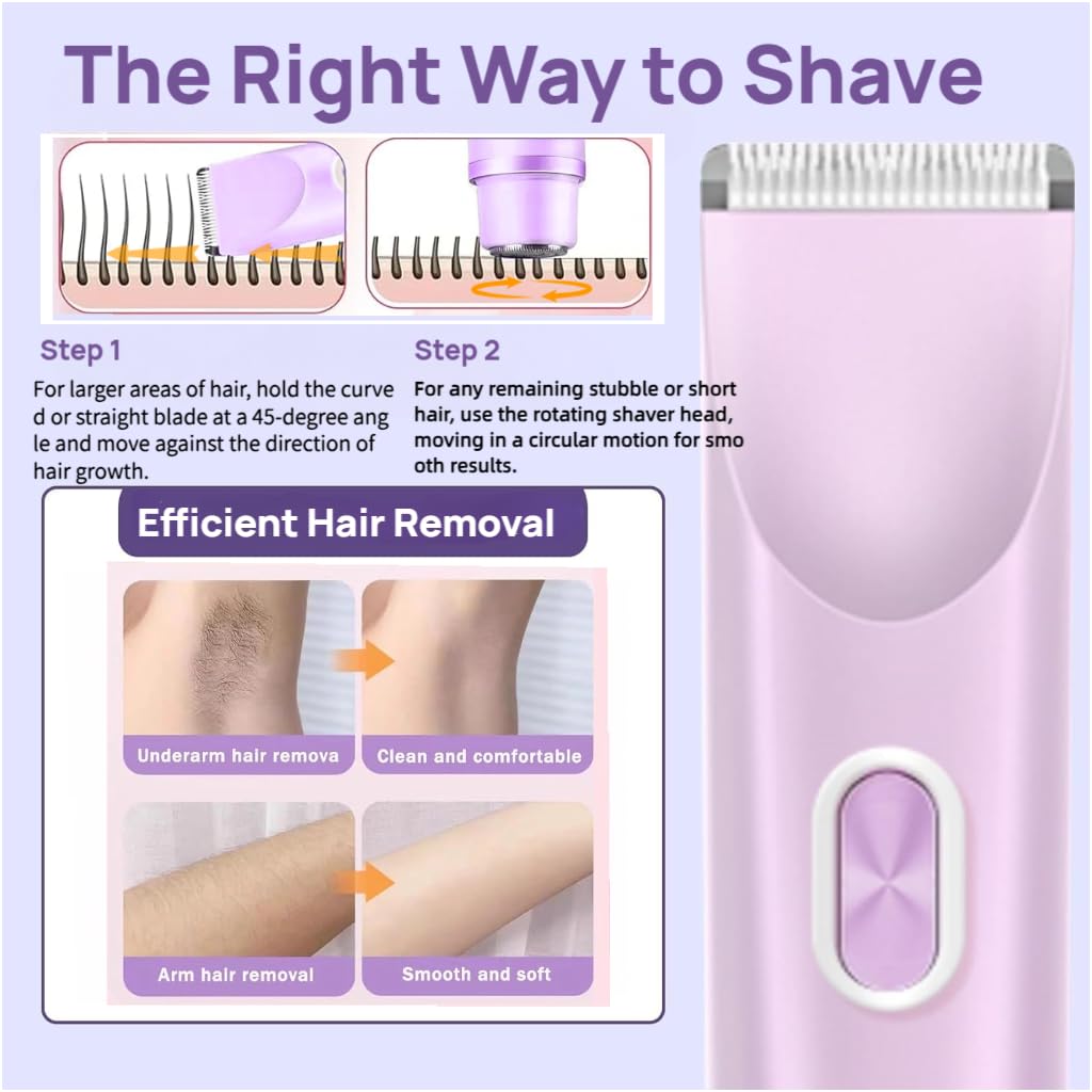 Glow Aura Womens Shaver, 2 in 1 Bikini Trimmer for Women USB Rechargeable, IPX7 Waterproof Wet & Dry Electric Razors, Painless Hair Remover for Bikini Underarm Leg Arm Body Face, Purple