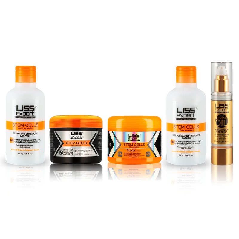 Liss Expert Professional Stem Cells Smoothing Treatment - Frizz-Free Organic Keratin & Argan Oil | Shampoo, Conditioner & Magic Ai Mask