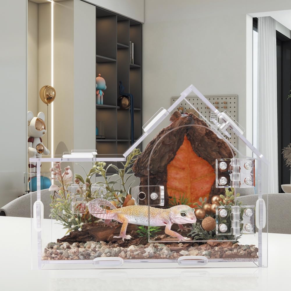ZUIFIANLE Jumping Spider Enclosure, Acrylic Cabin Terrarium with Sloped Roof & Magnetic Front Door, for Arboreal Pets, Mantis, Small Reptile Habitat (Transparent Color, L 7.9",W 3.9",H 5.9")