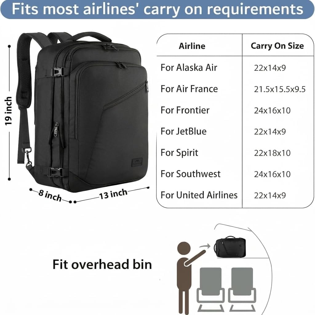 MATEIN Extra Large Carry-On Backpack - Expandable Airplane Approved Travel Bag for Men & Women | Water-Resistant 40L, Black