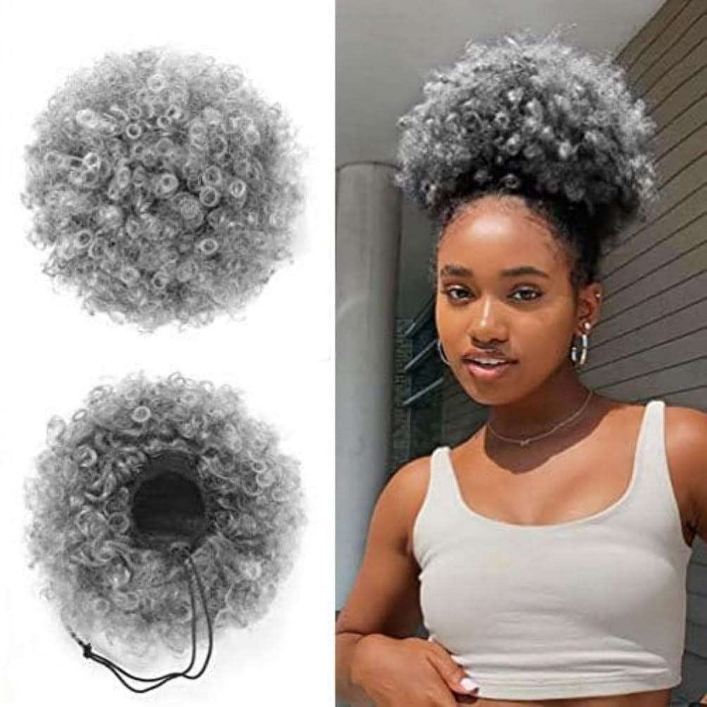 Afro Puff Drawstring Ponytail for Black Women - Premium Ombre Gray Bun | Stylish & Versatile Hair Accessory