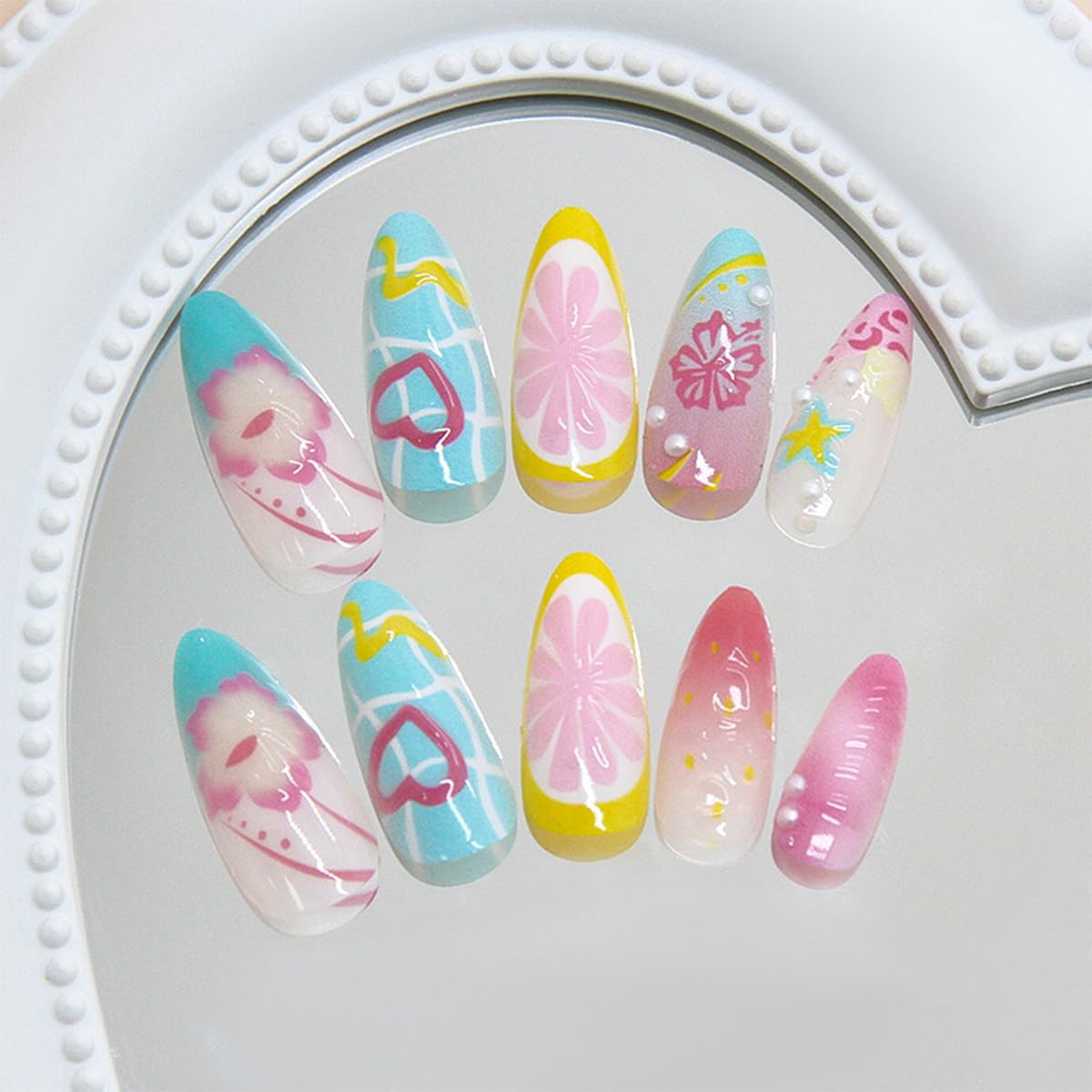 24Pcs Summer Press on Nails Medium Almond Fake Nails with 3D Tropical Fruit Flower Starfish Design Marine Ocean Beach False Nails Cute Glue on Nails for Women Acrylic Manicure Decoration Accessories