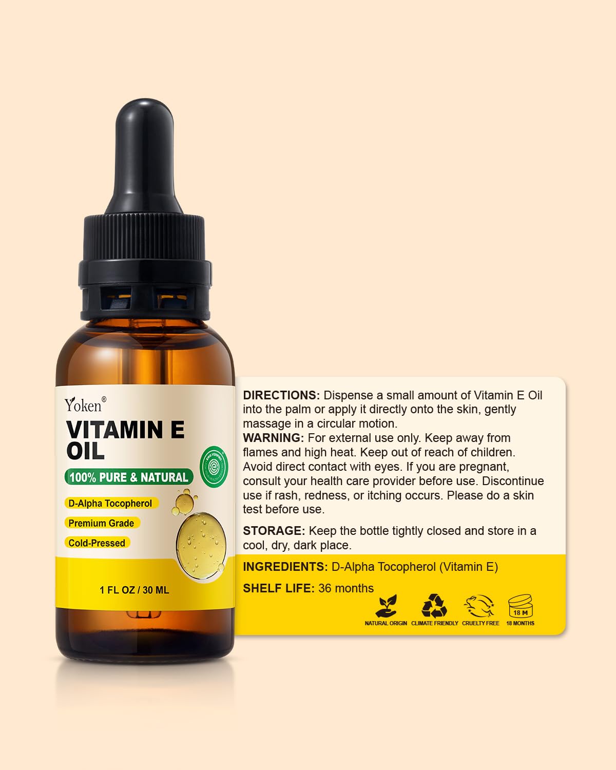 Yoken Pure Vitamin E Oil for Skin 1 Fl oz liquid Vitamine oils for Face Vitamina e Para La Cara Perfect Bath and Body Vit e oil for Hair Cold Pressed Hexane Free Formula