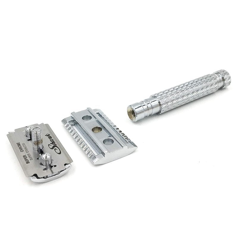 Parker 94R “Hefty” Double-Edge Safety Razor with Standard-Length Handle + 5 Premium Blades – Chrome-Plated Brass, Three-Piece Design, Balanced Weight for Classic Wet Shaving