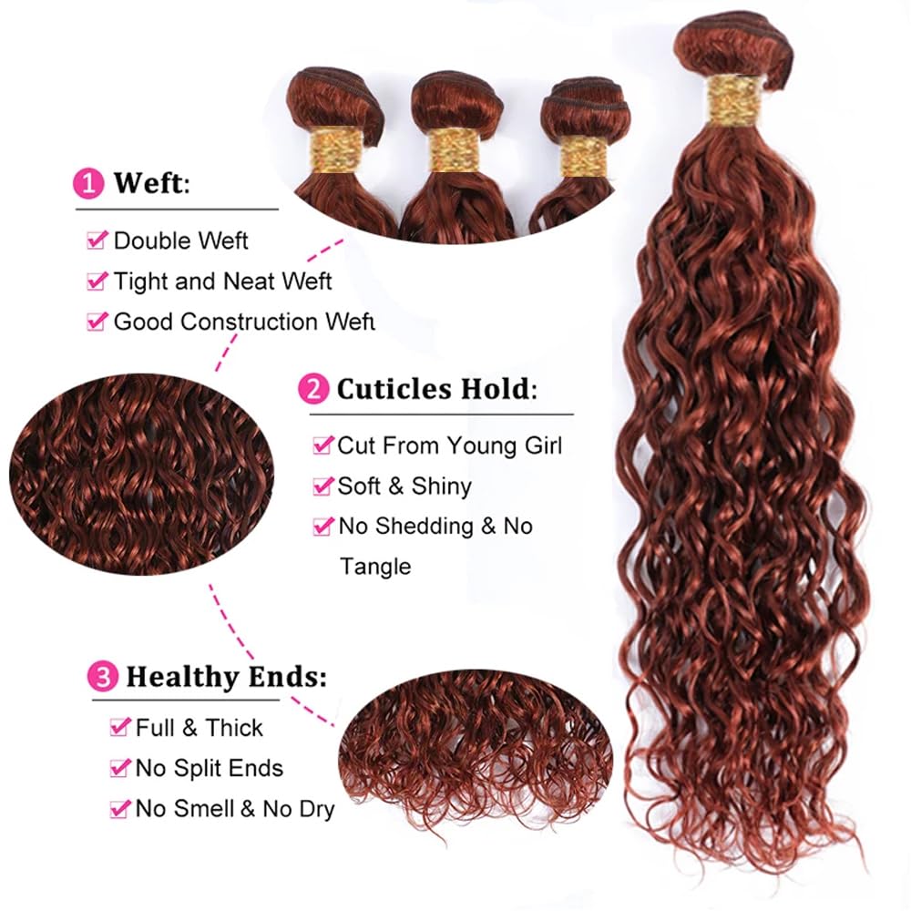 #33 Light Brown Bundles Human Hair Water Wave Bundles 14 16 18 Inch Brown Unprocessed Brazilian Virgin Hair 3 Bundle 50 Gram Per Bundle Deals Quick Weave Hair Extensions For Woman