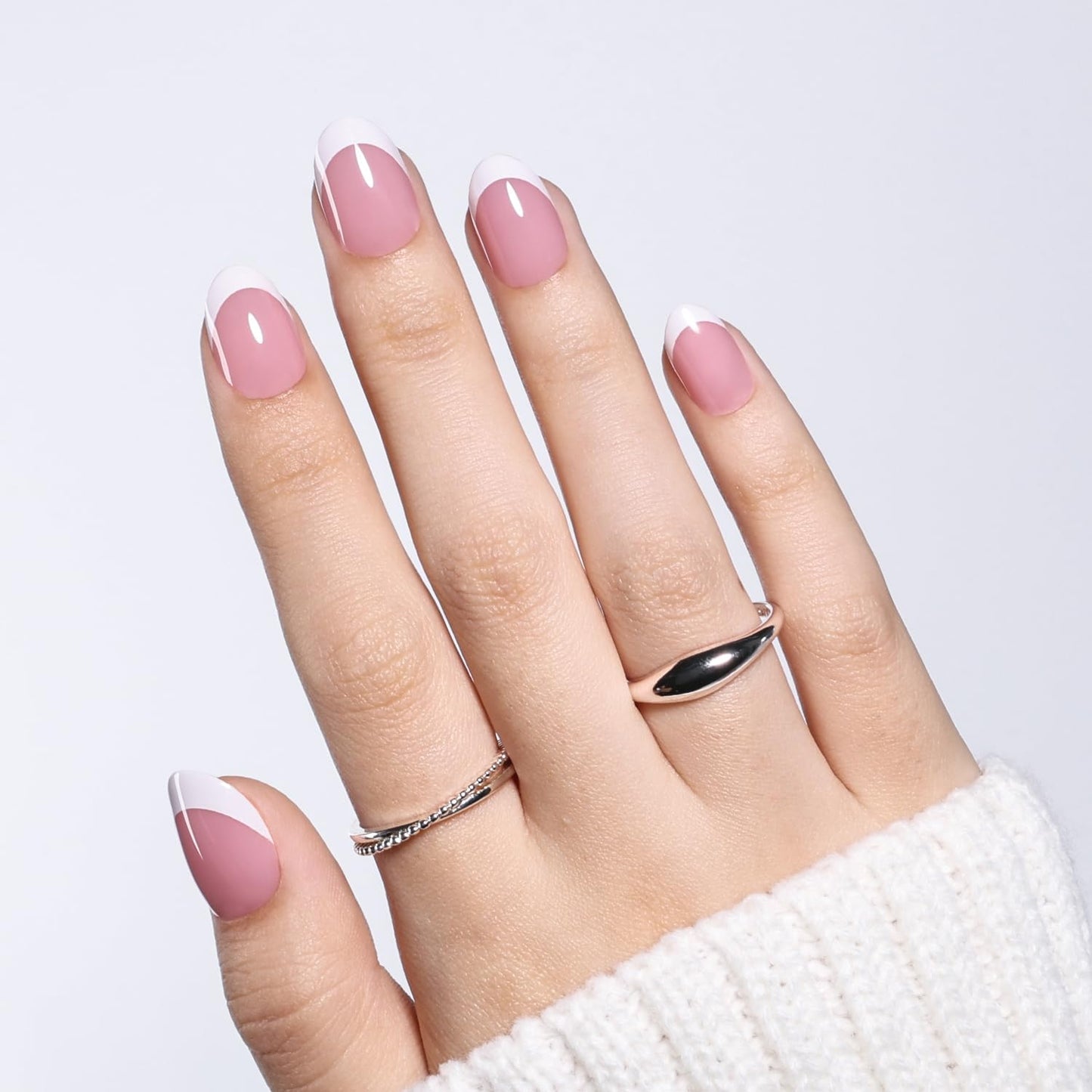 French Tip Press On Nails - Glossy Pink Almond Reusable Fake Nails | 32 Pieces in 16 Sizes with Glue