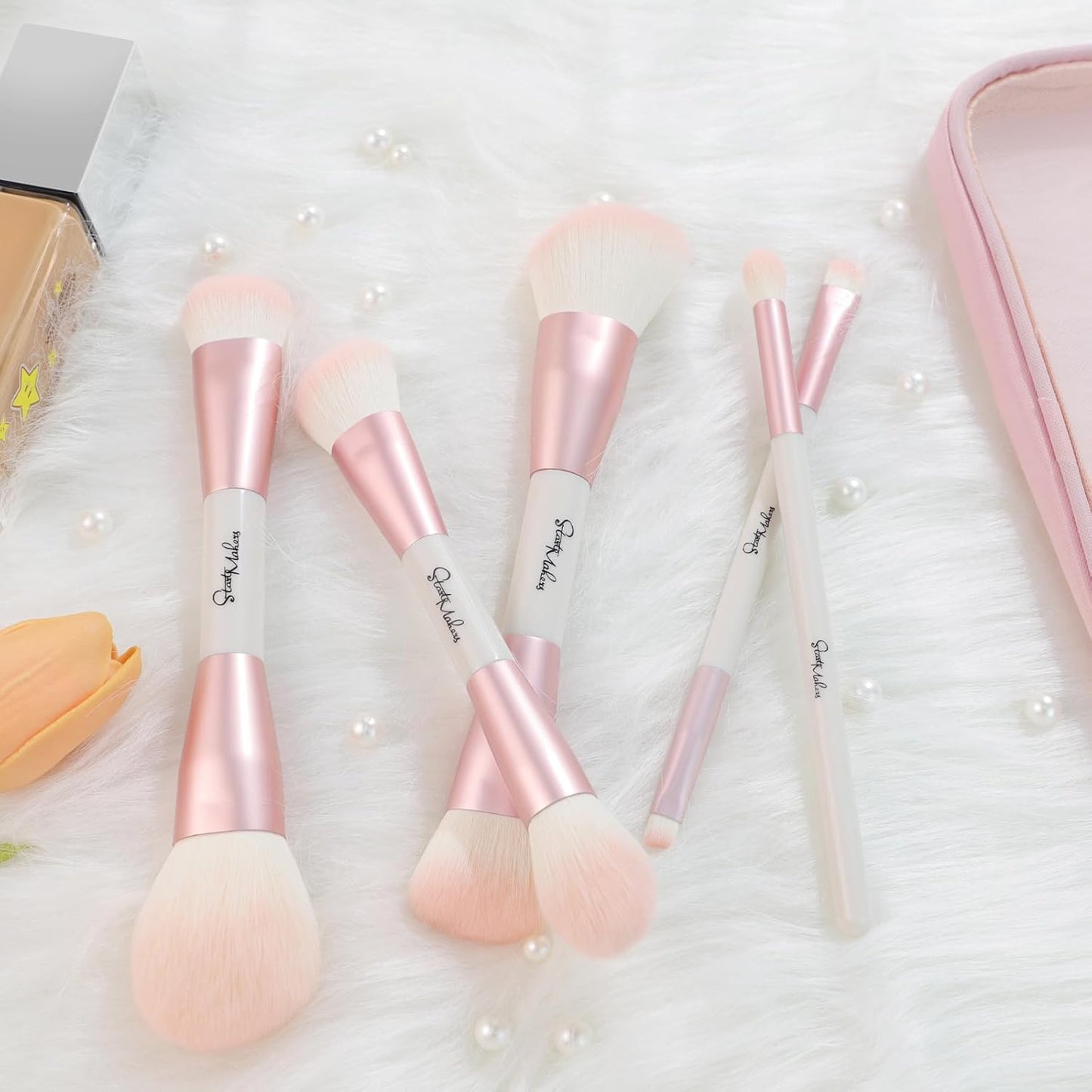 Makeup Brushes Set - 5-Piece Dual-Ended Pink Brush Set for Foundation, Blush, Contour & Eyeshadow | Travel-Friendly with Bag