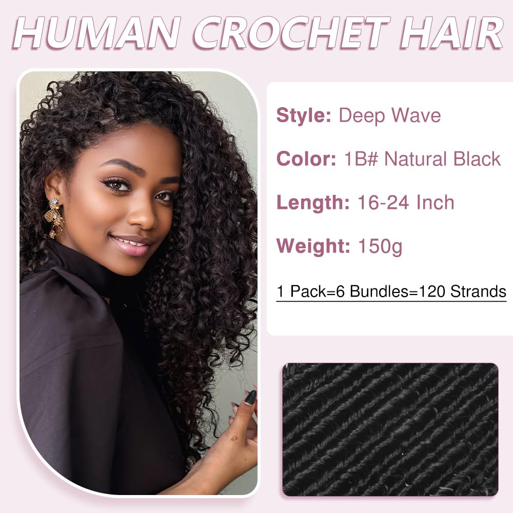 Human Crochet Hair for Black Women 16 Inch 150g Pre Separated 120 Strands Deep Wave Feather Crochet Human Hair Extensions Invisible Miracle Knots Crochet Hair Human Hair Crochet Bundles Natural Black