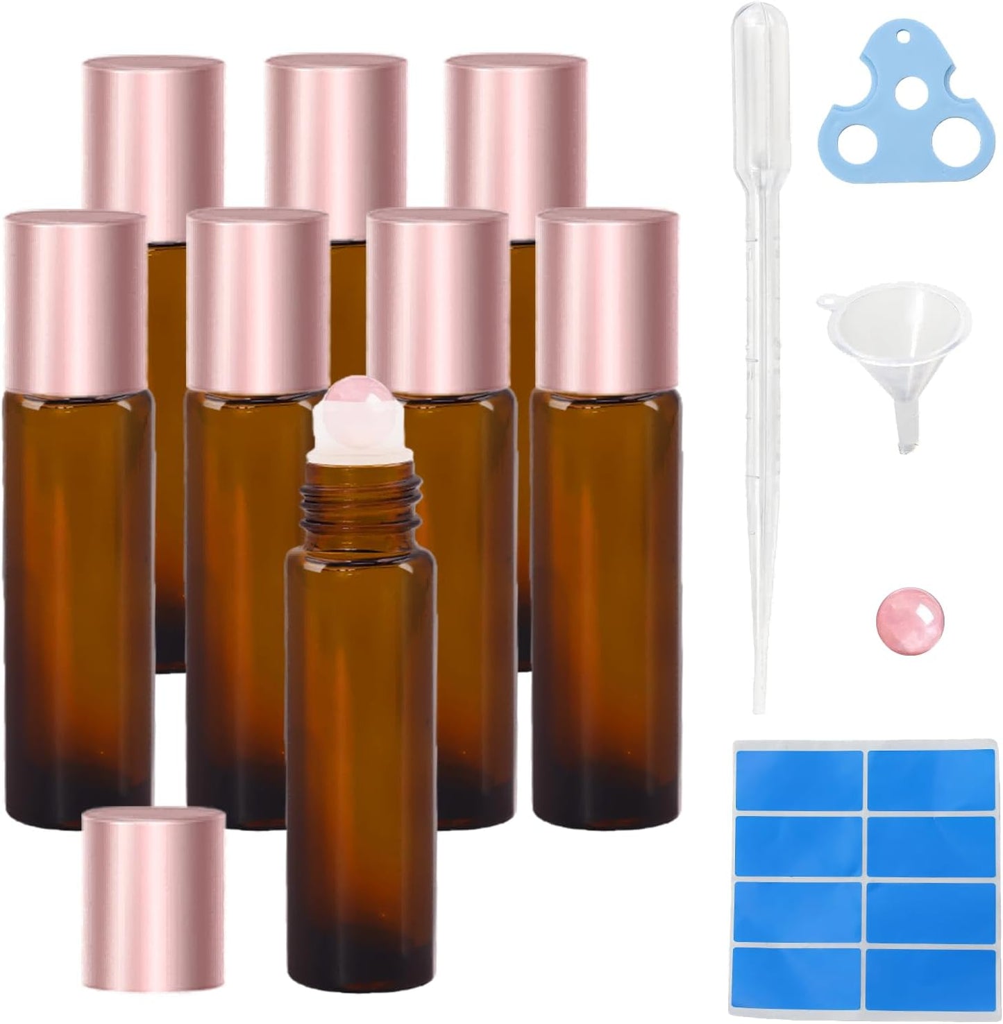 Rose Quartz Roller Bottles - 8 Pack 10ml Refillable Amber Glass Roll-On Bottles | Leak-Proof Travel Perfume with Crystal Roller Balls