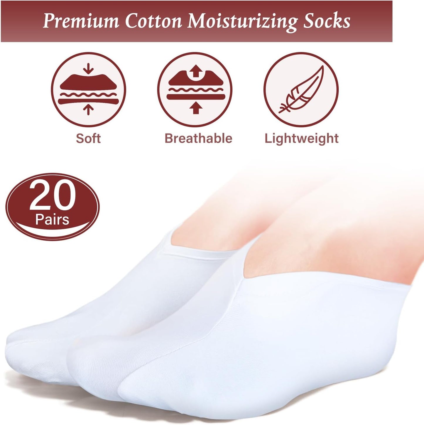 Moisturizing Spa Socks for Dry Feet - 20 Pairs Cotton Cosmetic Socks | White