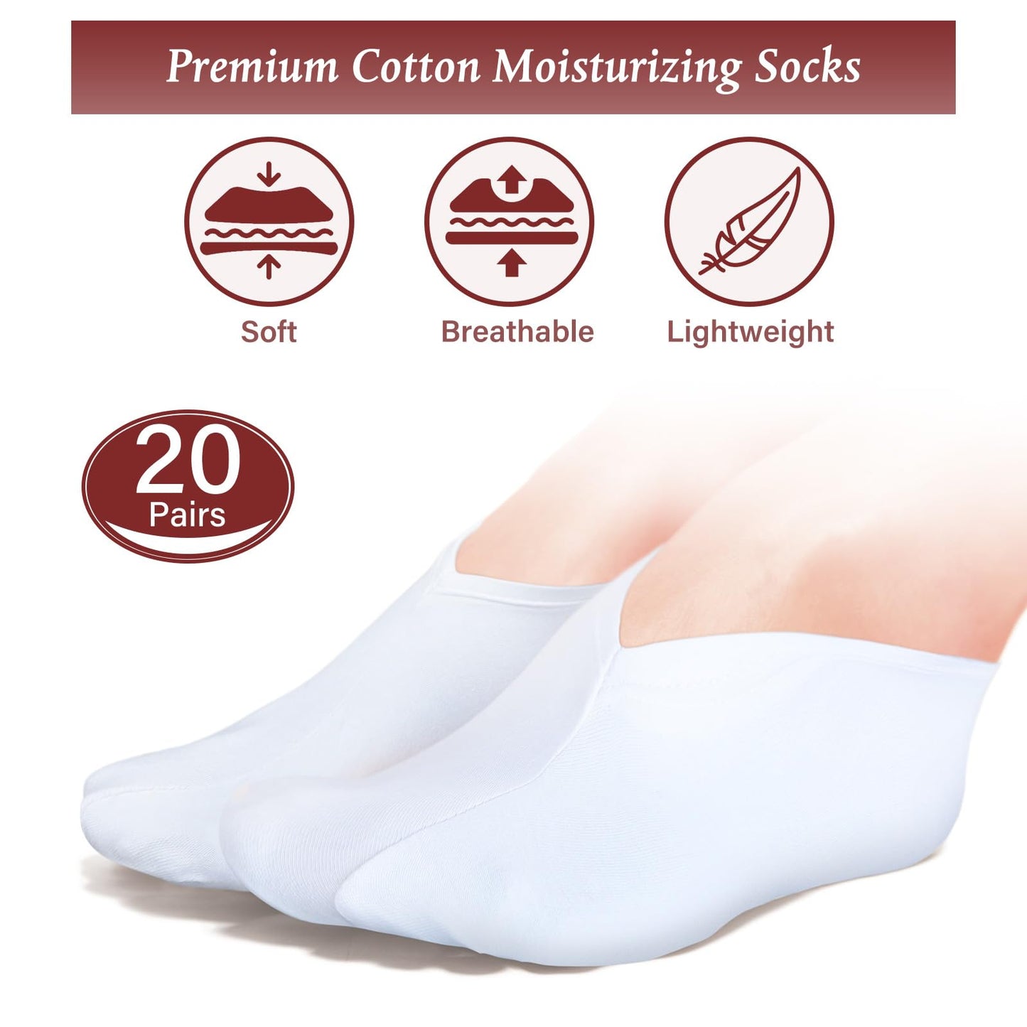 Geyoga 20 Pairs Moisturizing Socks Overnight for Dry Feet Spa Cotton Moisture Enhancing Cosmetic Socks for Women and Men, White