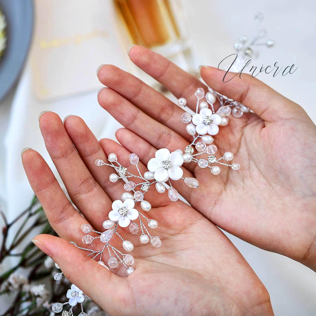 Unicra Silver Pearl Hair Vine Bridal Headpieces Flower Wedding Hair Accessories for Brides and Women (Silver)