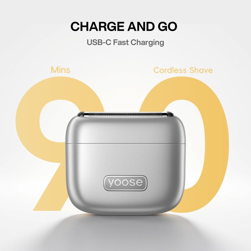 yoose MINI 5 Foil Shaver, Portable Electric Razor for Men, Magnetic 5-Blade Cutting Head, IPX7 Waterproof, USB-C Rechargeable, 90 Min Cordless Dry Shave, Electric Shaver with Pouch, Silver