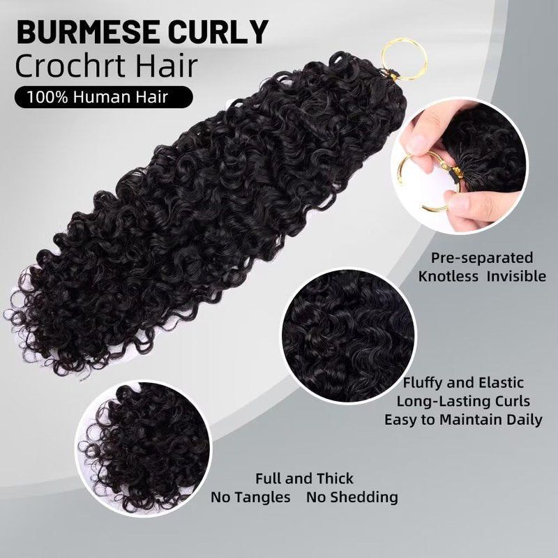 Burmese Curly Crochet Hair Extensions - 100% Virgin Human Hair, Deep Curly 16 Inch, 60 Grams, 50 Strands