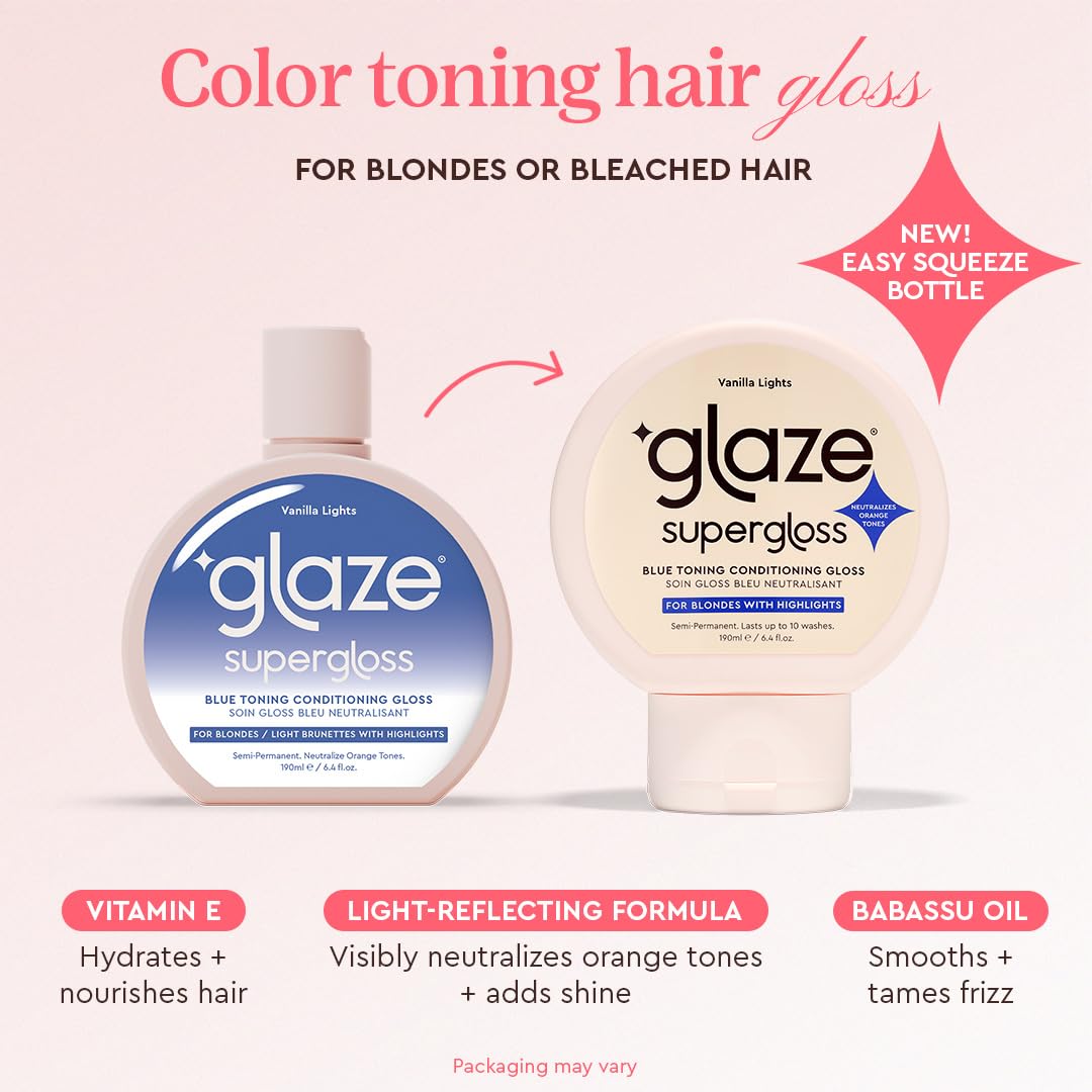Glaze Supergloss Color Conditioning Gloss – Hydrating Semi-Permanent Color Hair Gloss & Shine Boost – Color Depositing Mask - Vegan, Cruelty-Free – 6.4 Fl Oz - Vanilla Lights - Cool Blue Toner