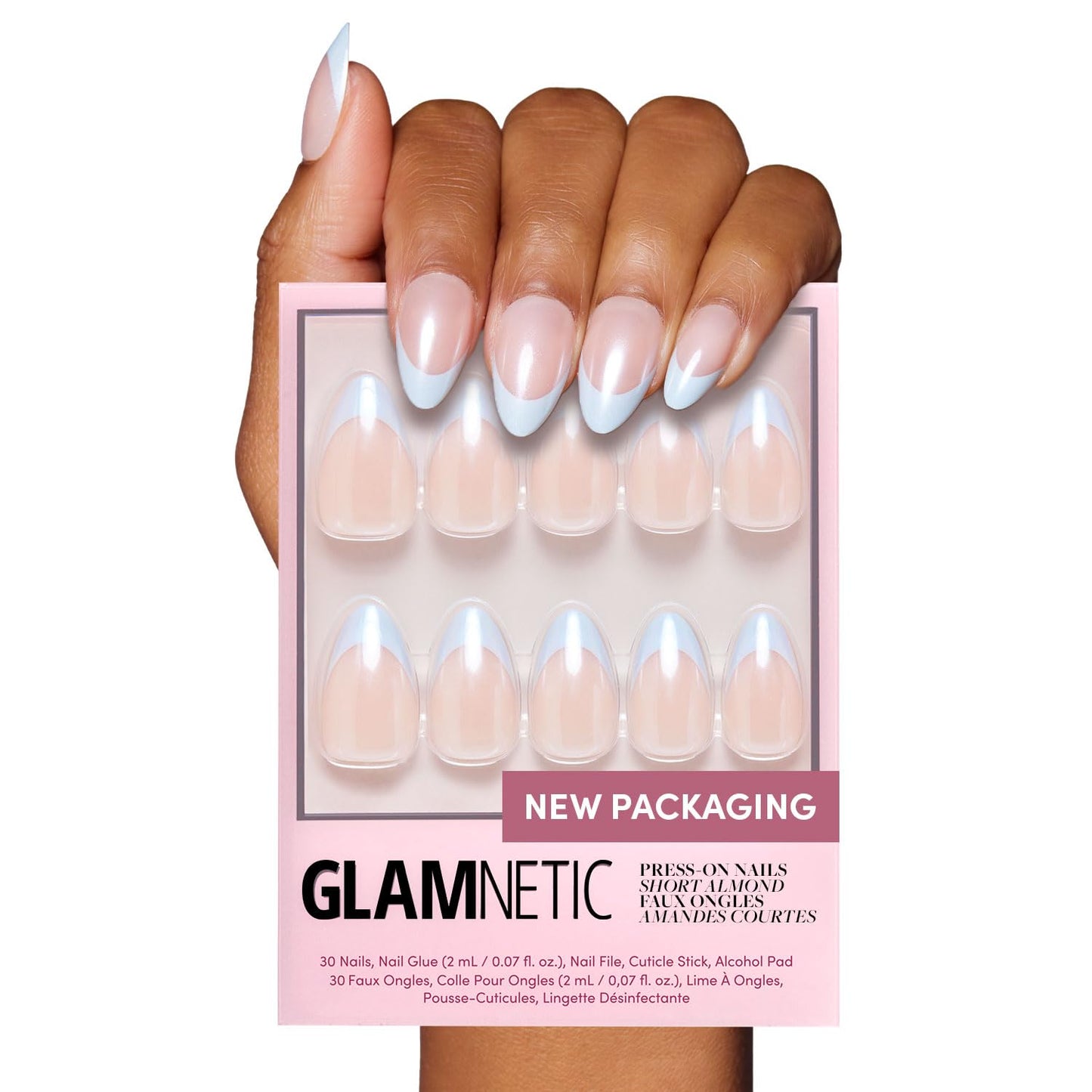 Glamnetic Press On Nails - Into Blue | Glazed Short Oval Fake Nails with Periwinkle French Tips | 30 Nail Kit with Glue, 15 Sizes