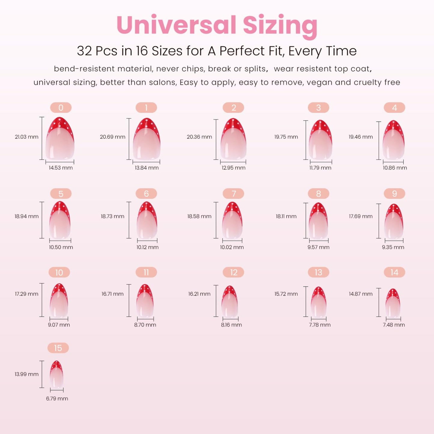 Press On Nails - Strawberry Seed Milky Pink Almond Fake Nails with Red Polka Dot French Tip | Glossy Reusable 32 Pcs in 16 Sizes - Perfect Manicure Gifts for Women