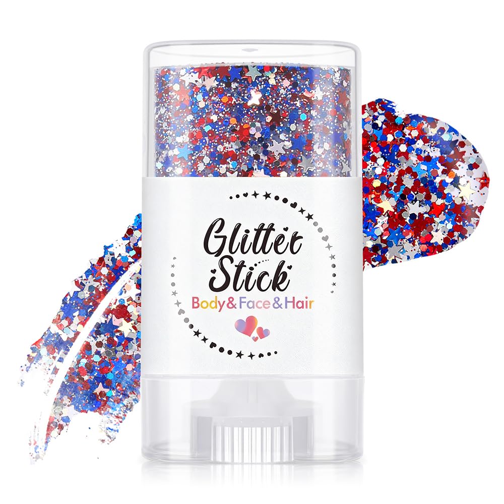 4th of July Glitter Stick, Patriotic Red White and Blue Face Body & Hair Glitter Stick for Women, Independence Day 3-in-1 Waterproof, Self-Adhesive Sparkle Gel for 250th Anniversary (#1)