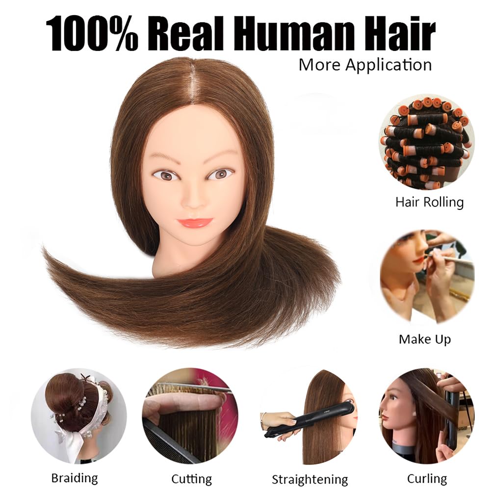 ZOMOI Mannequin Head with 100% Real Human Hair, Cosmetology Mannequin Doll Head for Styling Hairdresser Practice Training Head (Brown)