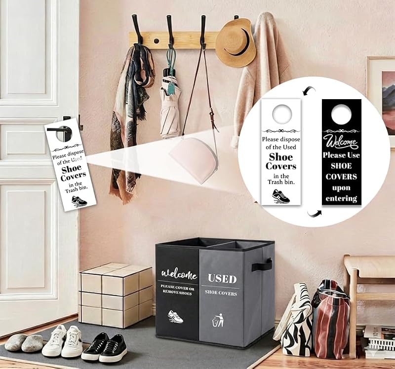 Foldable Shoe Cover Storage Box with Hanger Sign - Dual Compartment Organizer for Entryway