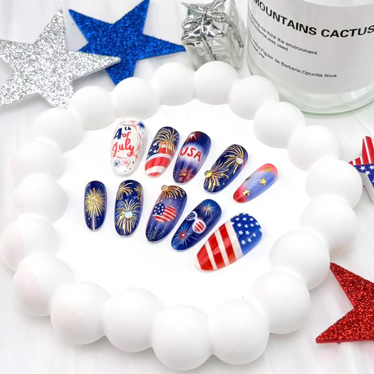30Pcs 4th of July Press-On Nails - Medium Almond Patriotic Acrylic Nails | Red, Blue & White Designs