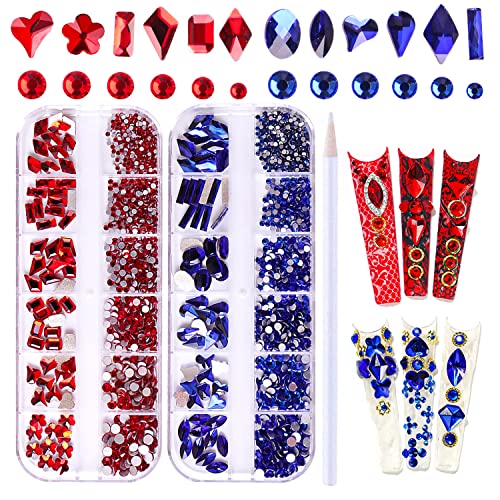 XEAOHESY 1620Pcs Red & Blue Nail Rhinestones for Nails & Crafts, Multi-Shaped & Sized Gems