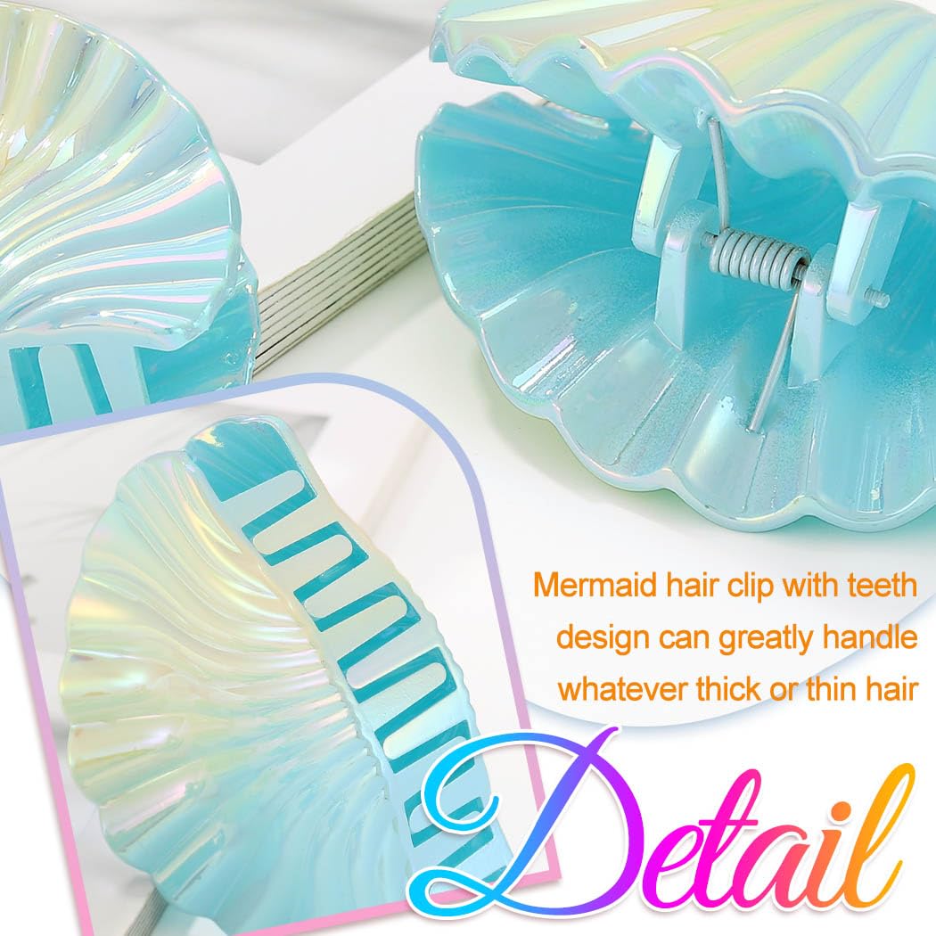 Seashell Hair Clips - Acrylic Claw Clips for Beachy Styles | Mermaid Hair Accessories (Blue, 2 Pieces)