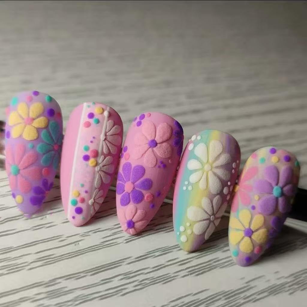 Colorful Gradient Press-On Nails | Medium Coffin Shaped Acrylic Nail Art - 24 Pcs with Rainbow Designs