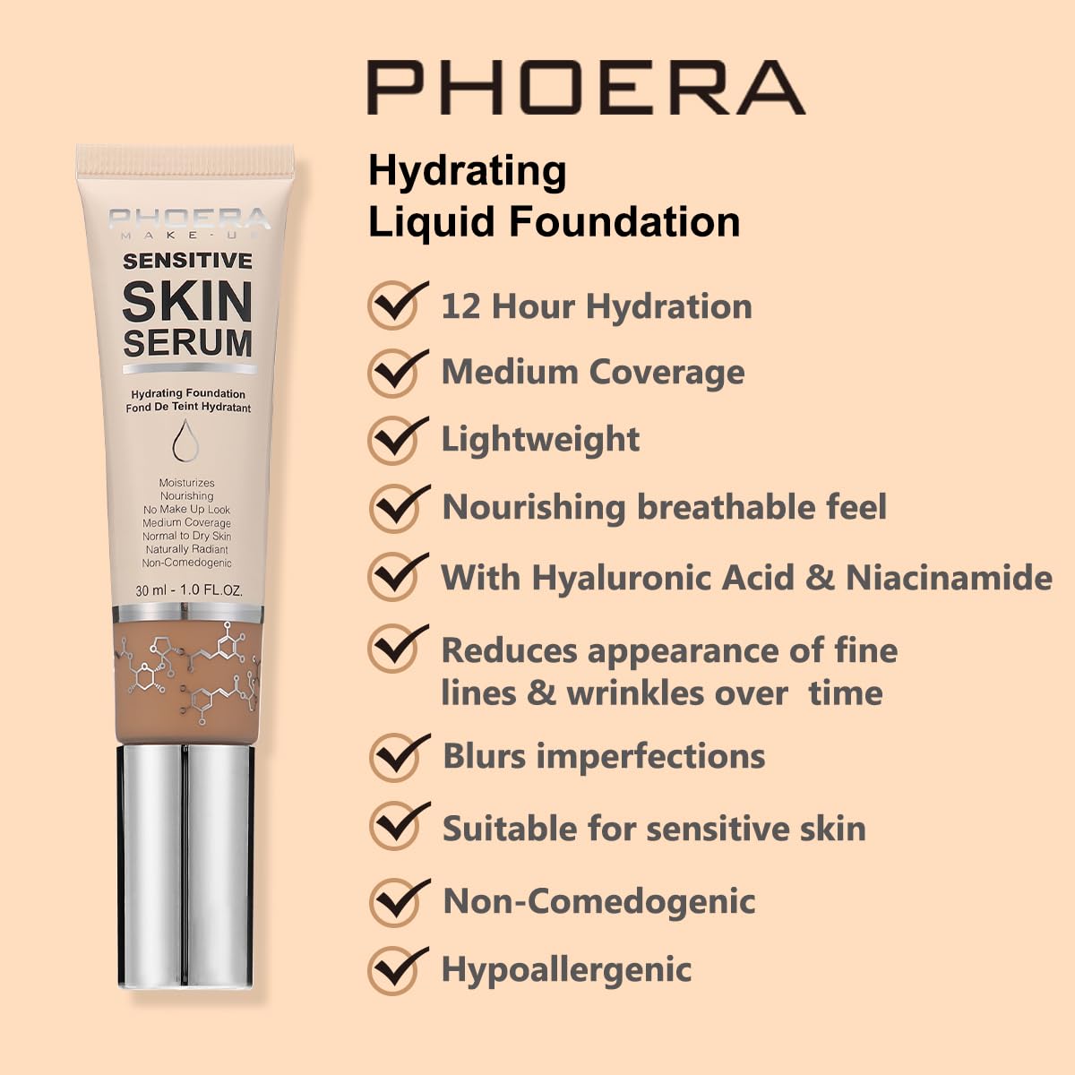 PHOERA Hydrating Foundation - Hypoallergenic Tinted Moisturizer for Mature Skin | N02 Nude Shade