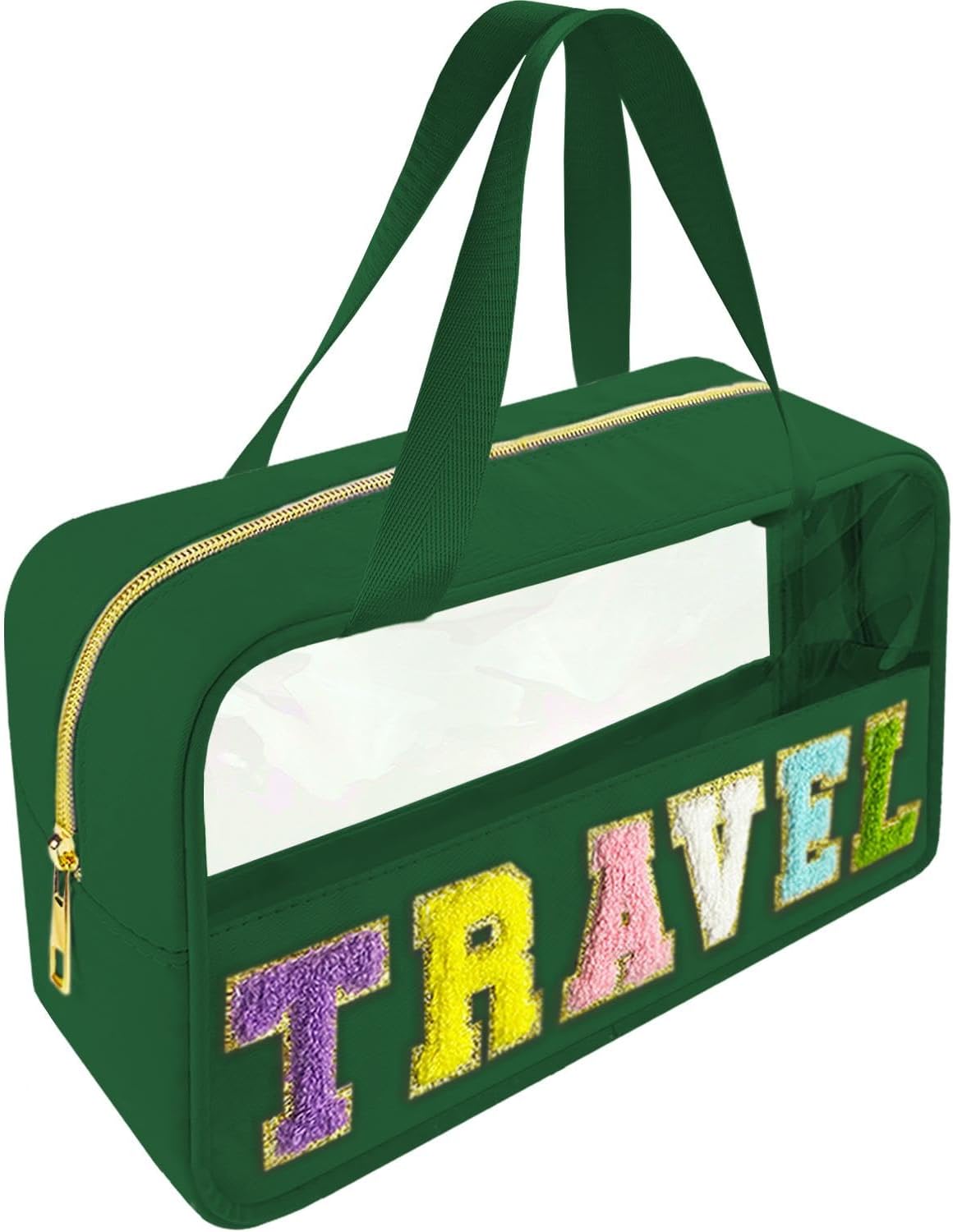 Chenille Letter Clear Makeup Bag - Waterproof Travel Toiletry Bag with Handle | Preppy Dance Patch Design (Black)