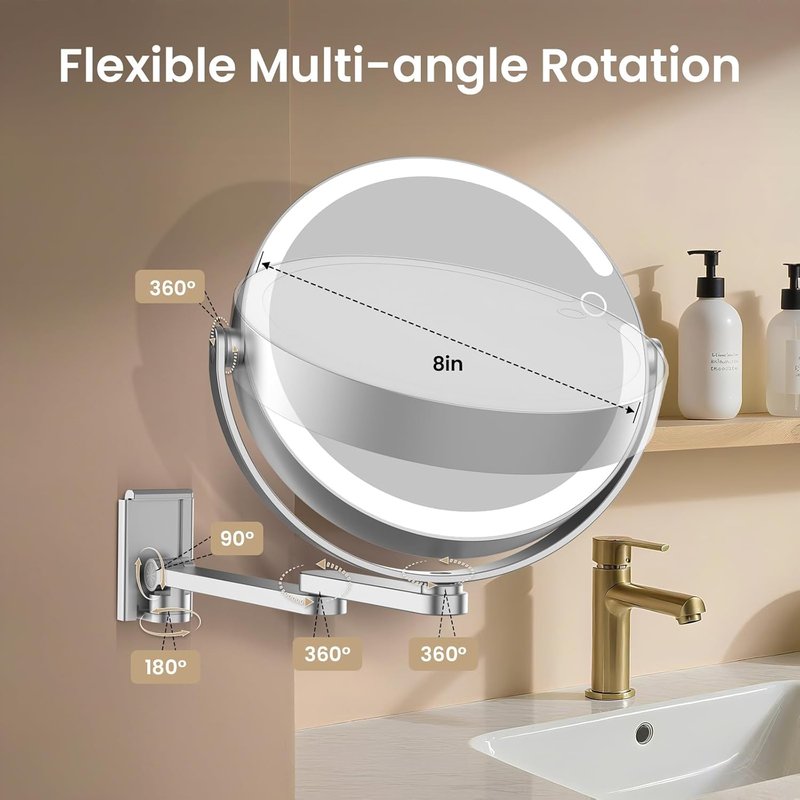 Wall Mounted Makeup Mirror with Lights - 8-Inch 20X/1X Magnification, Rechargeable LED, 360° Swivel & Extendable Arm