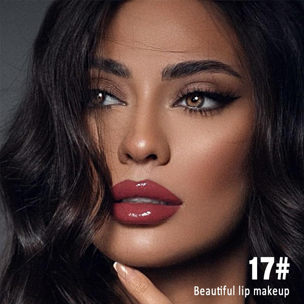 evpct Mauve Red Shiny Longwear No-Budge Liquid Lip Color Lipstick Makeup, Highly Pigmented Color Instant Shine, Waterproof Long Lasting Lipstick for Women, Lip Stain Gloss with Lip Liner Brush, 17#