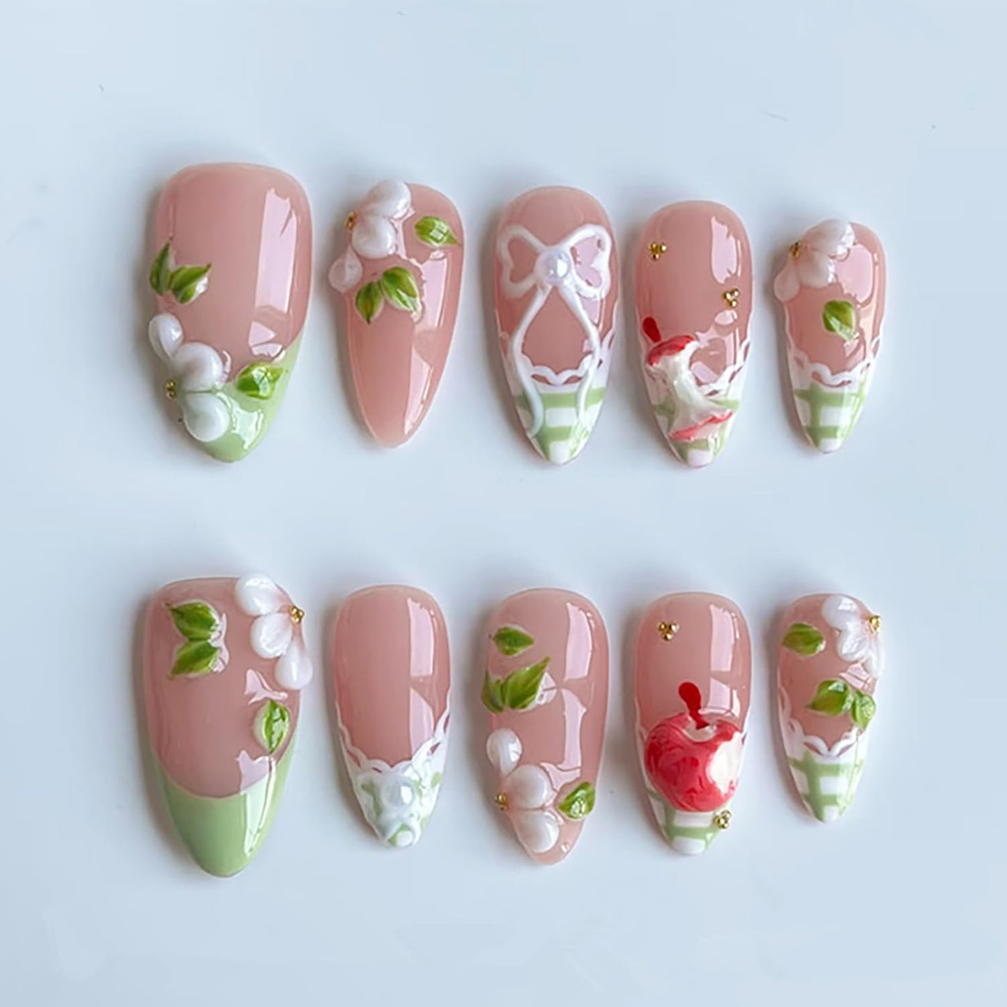 French Tip Press-On Nails - 30pcs Medium Almond Acrylic with 3D Flower & Pearl Design | Reusable Summer Nail Art