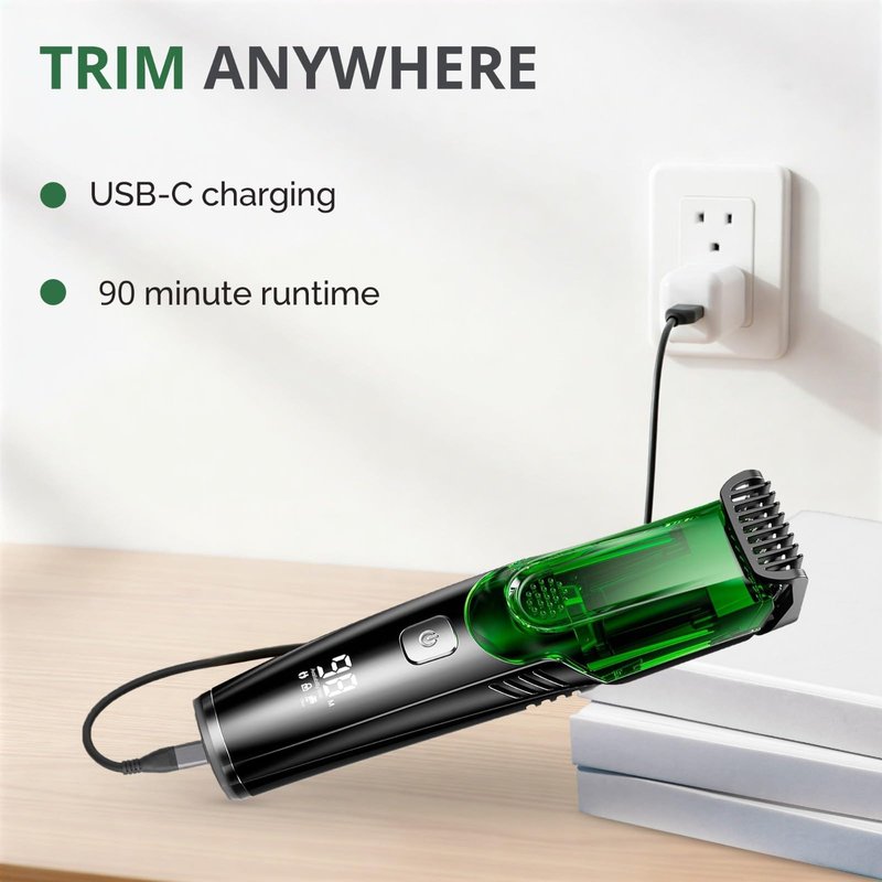 Vacuum Beard Trimmer for Men, Beard and Mustache Trimmer for Men with Adjustable Length Comb (1–20mm), IPX6 Waterproof Built-in Electric Trimmer for Beard, Mustache, and Stubble.