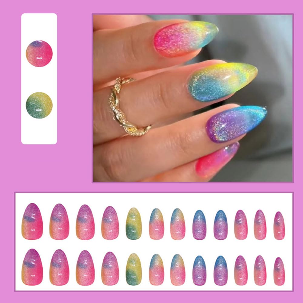 Colorful Cat Eye Press-On Nails - 24 Pcs Short Almond Acrylic Tips | Rainbow Glitter Design