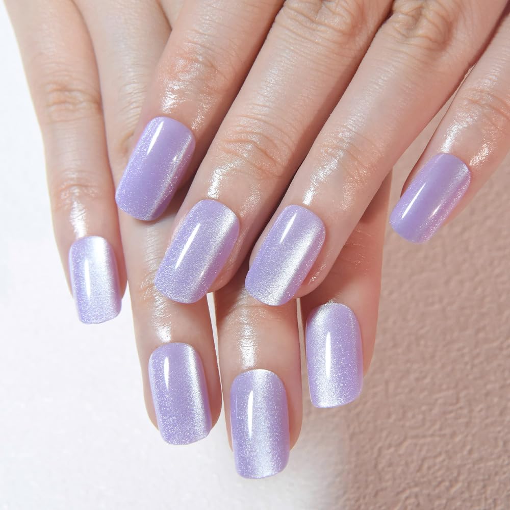Aqua Blue Cat Eye Press-On Nails - Medium Square Chrome Design | Holographic Glitter Gel Acrylic Reusable