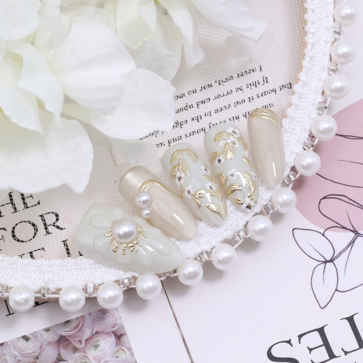 Handmade Press-On Nails - 30 Pcs Medium Almond Shape 3D Flower Design | Reusable Acrylic in Nude & White