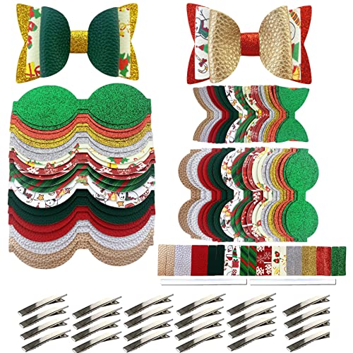 AOUXSEEM Christmas Faux Leather Hair Bows DIY Kit - 24 Set with Clips