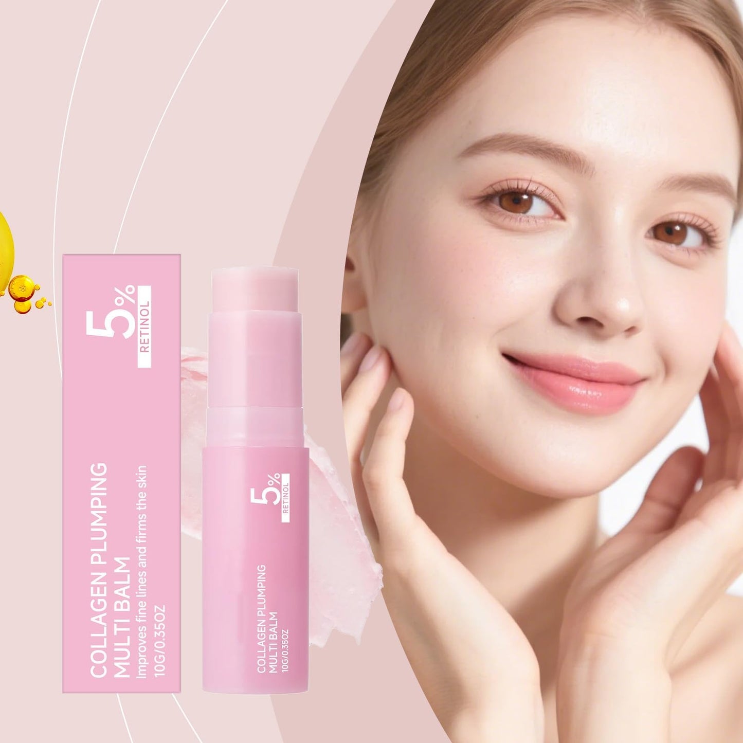 Pink Collagen Volume Multi Balm Stick, Korean Balm Stick for Face with Collagen, Retinol, Caffeine, Volumizing Plumping Hydrating Firming for Face, Eyes, Lips, Neck, 0.35OZ