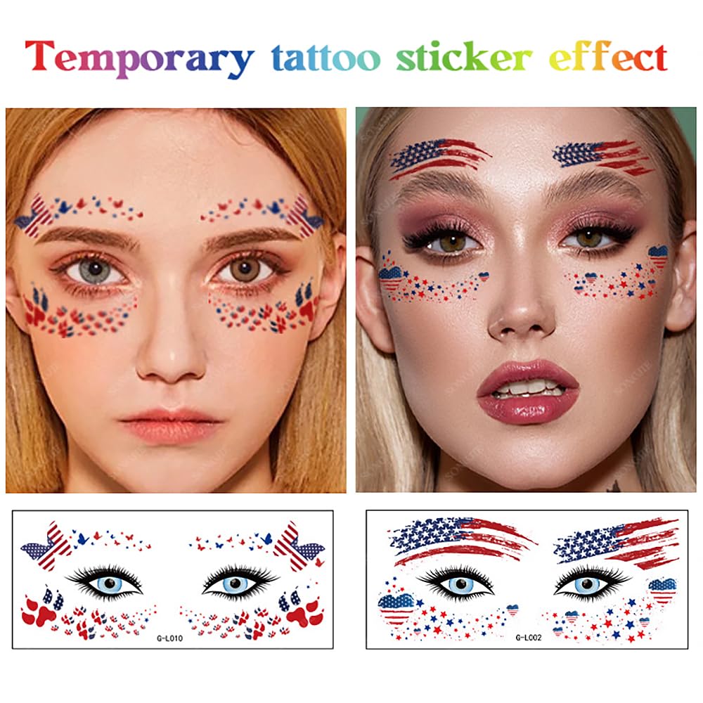 4th of July Face Tattoo Stickers for Adults, 10 Sheets Independence Day Temporary Tattoos, USA Flag Red White Blue Patriotic Party Supplies, Fake Tattoos for Face Makeup Eye Decor