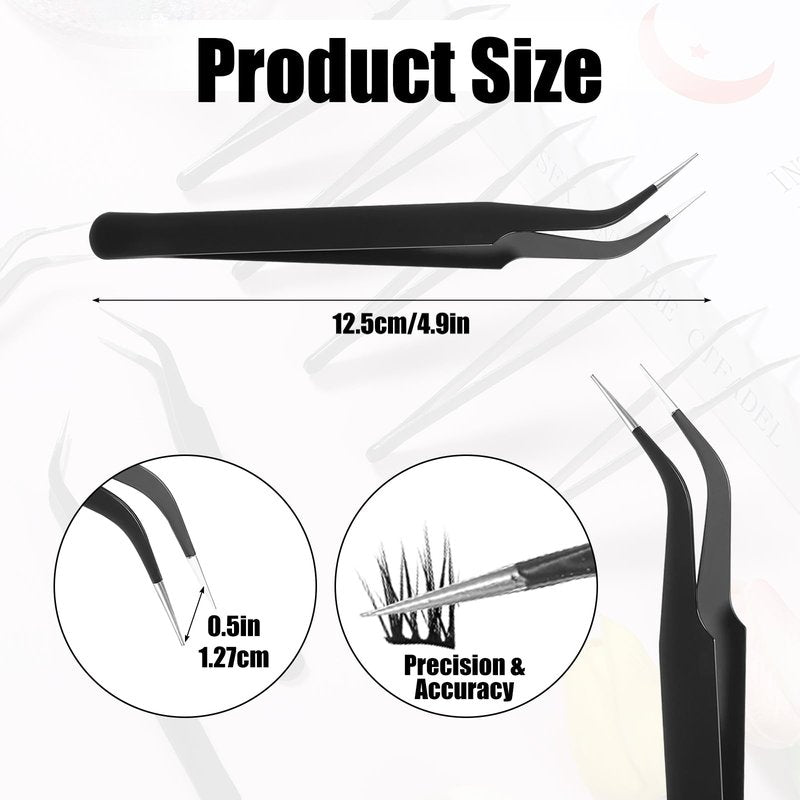10 Pieces Tweezers for Crafting, Stainless Steel Curved Bedazzling Tweezers Precision Sticker Tweezer with Protective Cover for Jewelry Stickers Eyelash Extensions Rhinestones Crafts (Black)