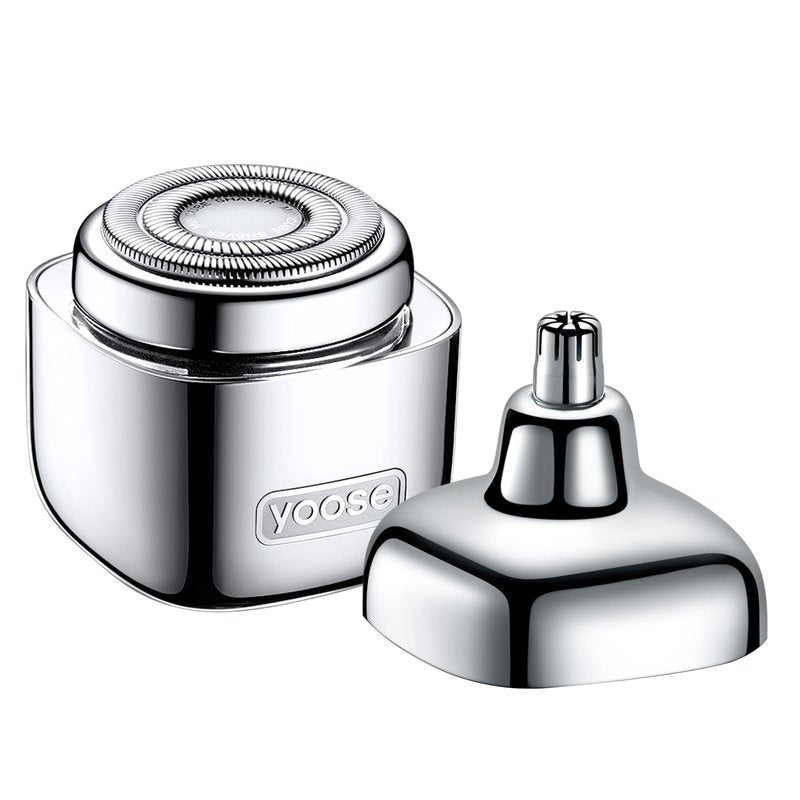 yoose 2-in-1 Grooming Tool for Men – Mini Electric Shaver & Nose Hair Trimmer, Compact & Travel Ready, Full Body Alloy, IPX7 Waterproof, USB-C Rechargeable for Quick Touch-Ups, Silver