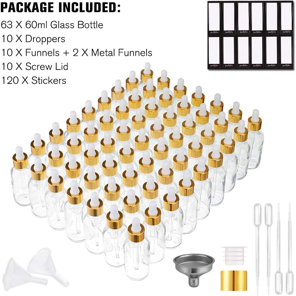 Glass Eye Dropper Bottles 2oz (60ml) - 63 Pack Clear Thick Bottles with Leakproof Golden Caps | Ideal for Essential Oils, DIY Serums, Travel
