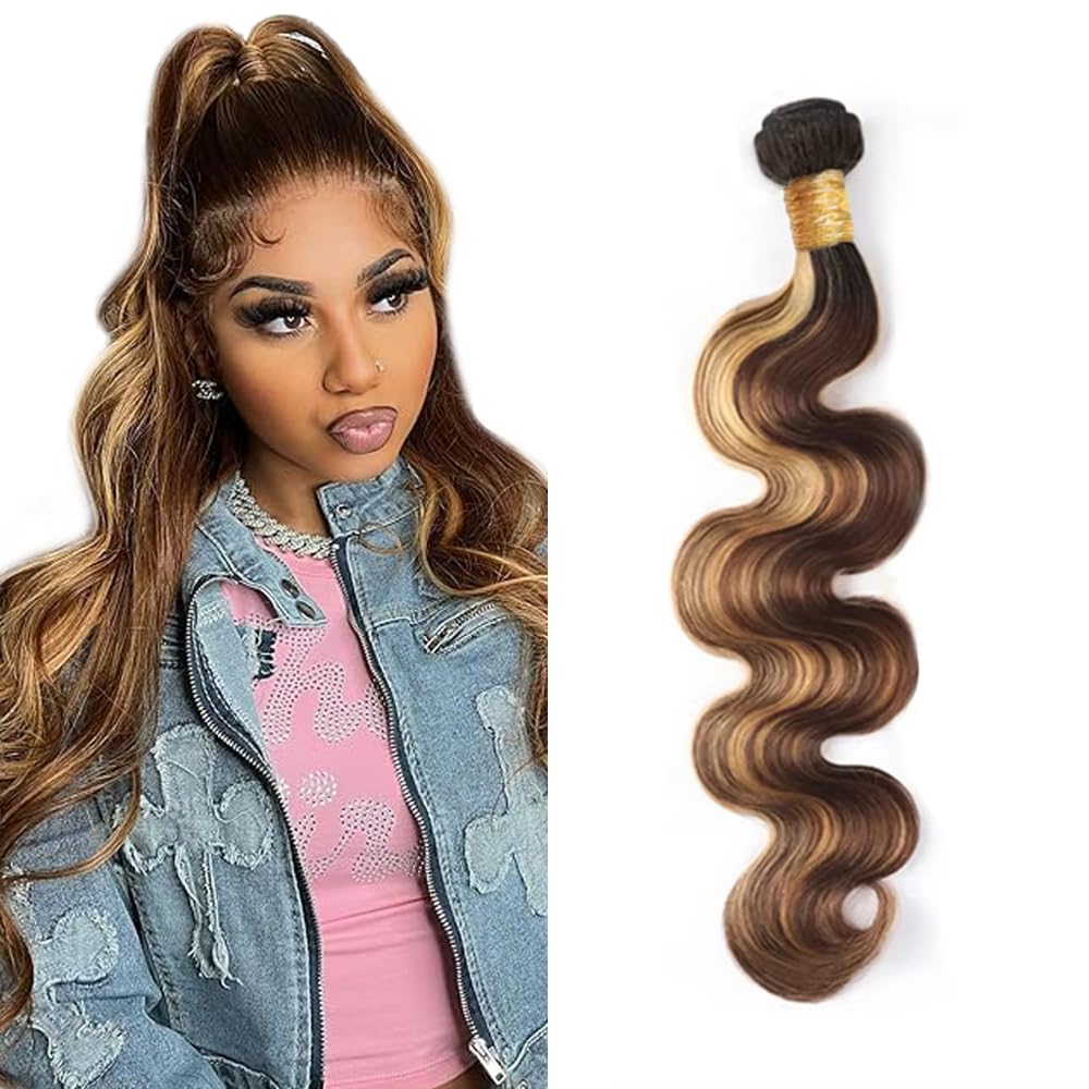 100g 4/27 Human Hair Bundles Ombre Human Hair Bundles Highlight Brown Body Wave Bundle 4/27 Brown Body Wave Bundle LadrXadr 18 Inch 100g