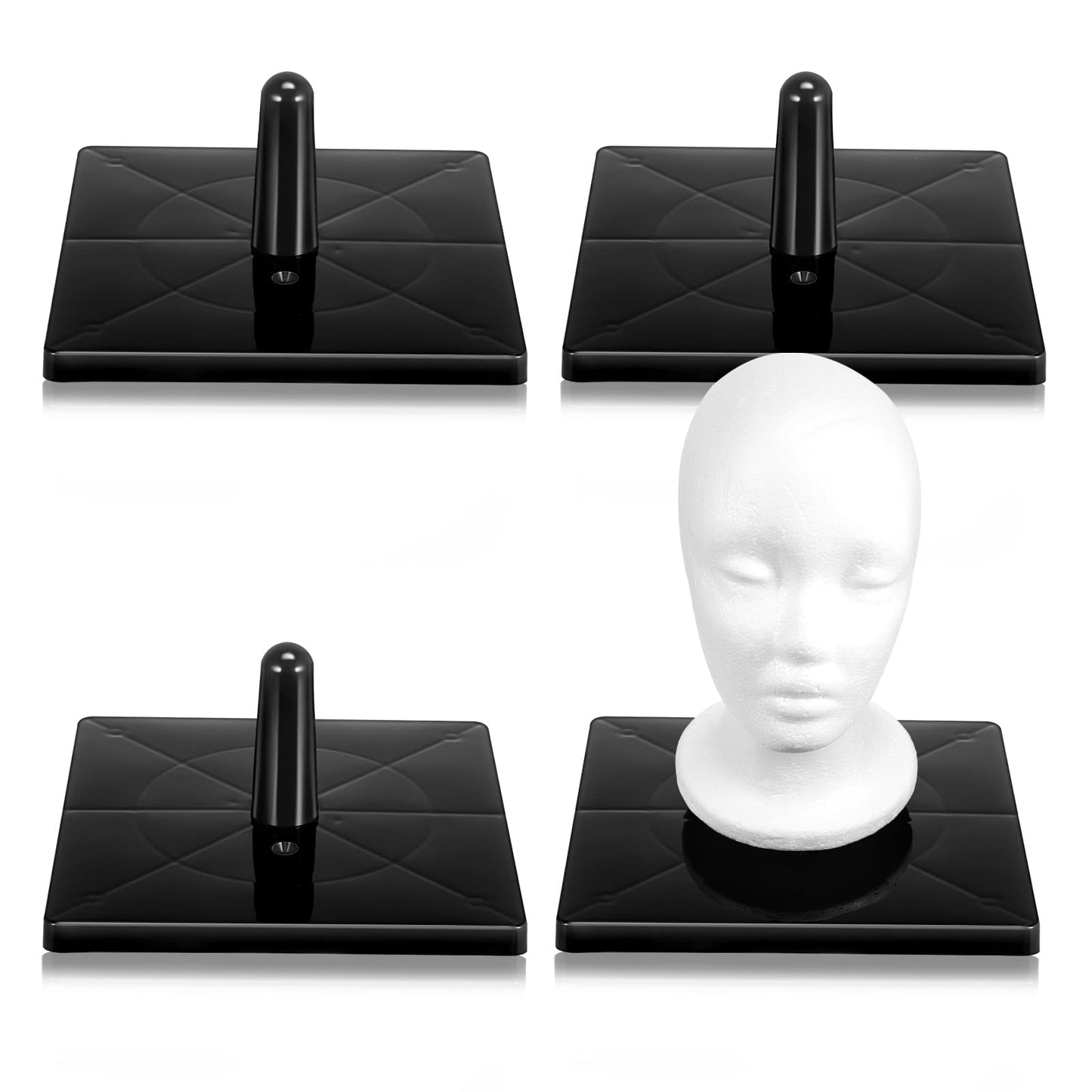 AceOrbit 4 Pcs Foam Mannequin Wig Head Stands Non Topple Cosmetology Manikin Wig Head Styling Holder Base for Tabletop Display Style Model Hair Hats Hairpieces Mask Salon (Black,Plastic)