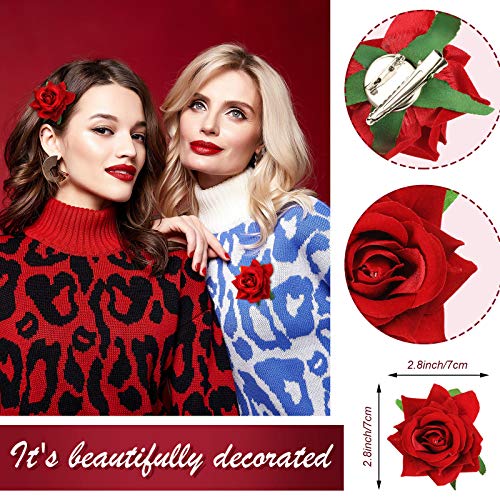 Red Rose Hair Clips Set - 6 Floral Hairpins for Women