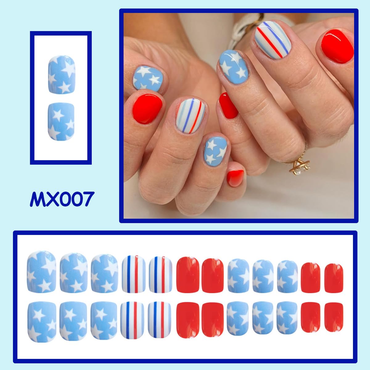 24Pcs 4th of July Press on Nails Short Square Fake Nails with Star Designs Patriotic False Nail for Women Stripe Acrylic Stick on Nails Blue Red Glue on Nail for Independence Day