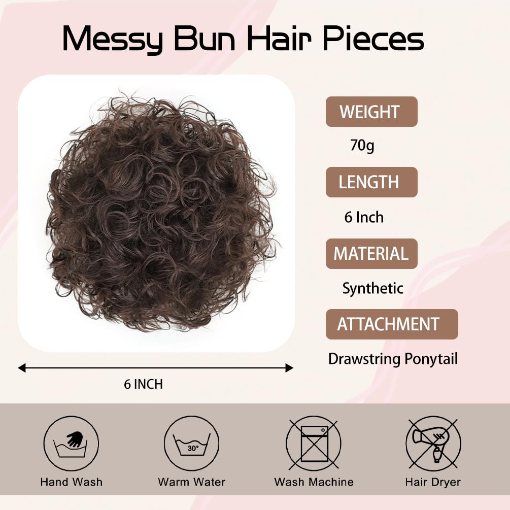 Curly Messy Bun Hair Piece - Short Synthetic Loose Wave Updo | Dark Brown Drawstring Style