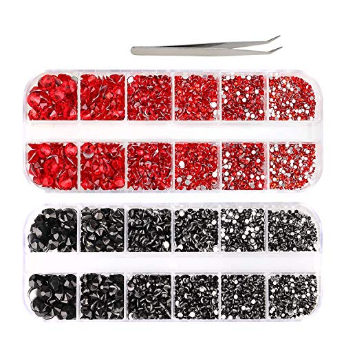 PHOGARY 3000-Piece Red & Black Flat Back Rhinestones Set 2-5mm with Pick-Up Tweezers